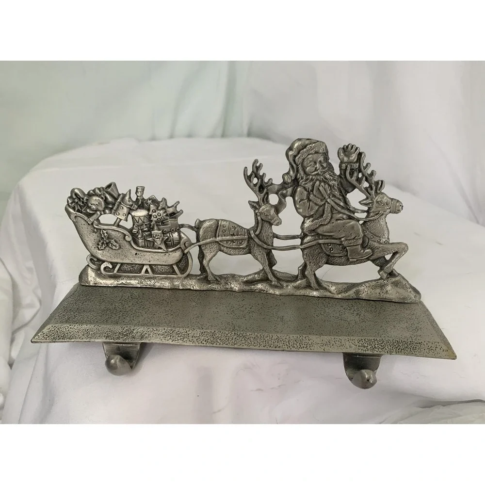 Santa Claus Sleigh Reindeer Stocking Holder Heavy Metal Christmas Mantle Decor